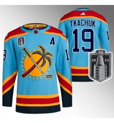 Men Florida Panthers 19 Matthew Tkachuk Blue 2023 Stanley Cup Final Reverse Retro Stitched Jersey