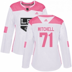 Womens Adidas Los Angeles Kings 71 Torrey Mitchell Authentic White Pink Fashion NHL Jersey 