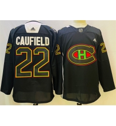 Men Montreal Canadiens 22 Cole Caufield 2022 Black Warm Up History Night Stitched Jersey