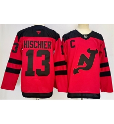 Men New Jersey Devils 13 Nico Hischier Red 2024 25 With C Patch Stitched Hockey Jersey