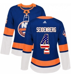 Womens Adidas New York Islanders 4 Dennis Seidenberg Authentic Royal Blue USA Flag Fashion NHL Jersey 