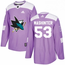 Mens Adidas San Jose Sharks 53 Brandon Mashinter Authentic Purple Fights Cancer Practice NHL Jersey 