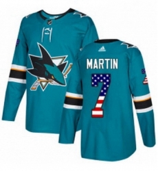 Mens Adidas San Jose Sharks 7 Paul Martin Authentic Teal Green USA Flag Fashion NHL Jersey 