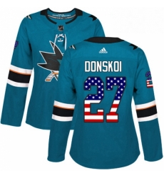 Womens Adidas San Jose Sharks 27 Joonas Donskoi Authentic Teal Green USA Flag Fashion NHL Jersey 