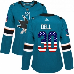 Womens Adidas San Jose Sharks 30 Aaron Dell Authentic Teal Green USA Flag Fashion NHL Jersey 