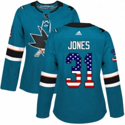 Womens Adidas San Jose Sharks 31 Martin Jones Authentic Teal Green USA Flag Fashion NHL Jersey 