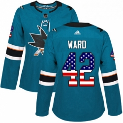 Womens Adidas San Jose Sharks 42 Joel Ward Authentic Teal Green USA Flag Fashion NHL Jersey 