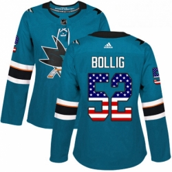 Womens Adidas San Jose Sharks 52 Brandon Bollig Authentic Teal Green USA Flag Fashion NHL Jersey 