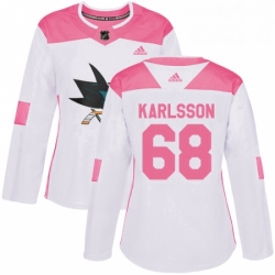 Womens Adidas San Jose Sharks 68 Melker Karlsson Authentic WhitePink Fashion NHL Jersey 