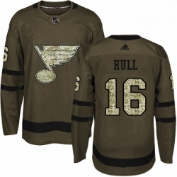 Mens Adidas St Louis Blues 16 Brett Hull Premier Green Salute to Service NHL Jersey 