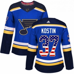 Womens Adidas St Louis Blues 37 Klim Kostin Authentic Blue USA Flag Fashion NHL Jersey 