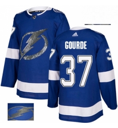 Mens Adidas Tampa Bay Lightning 37 Yanni Gourde Authentic Royal Blue Fashion Gold NHL Jersey 