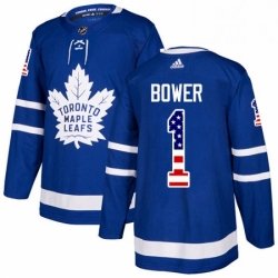 Mens Adidas Toronto Maple Leafs 1 Johnny Bower Authentic Royal Blue USA Flag Fashion NHL Jersey 