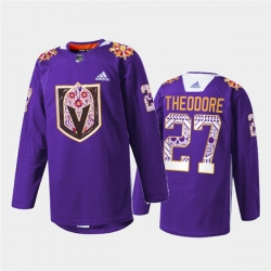 Men Vegas Golden Knights 27 Shea Theodore Purple Hispanic Heritage Warmup Stitched Jersey