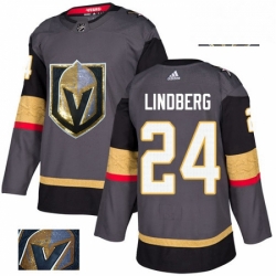 Mens Adidas Vegas Golden Knights 24 Oscar Lindberg Authentic Gray Fashion Gold NHL Jersey 