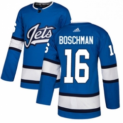 Mens Adidas Winnipeg Jets 16 Laurie Boschman Authentic Blue Alternate NHL Jersey 