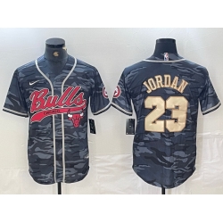 Men Chicago Bulls 23 Michael Jordan Gray Camo Cool Base Stitched Baseball Jersey 7