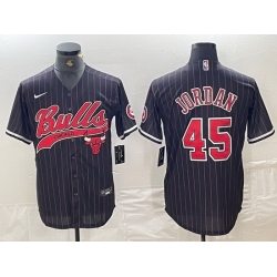 Men Chicago Bulls 45 Michael Jordan Black Pinstripe Cool Base Stitched Baseball Jersey 3