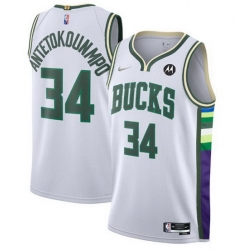 Men's Milwaukee Bucks #34 Giannis Antetokounmpo White 2021 22 75th Anniversary Swingman City Edition Stitched Jersey