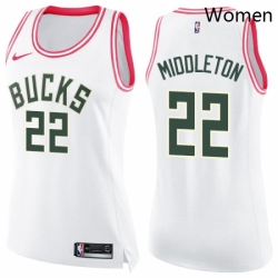 Womens Nike Milwaukee Bucks 22 Khris Middleton Swingman WhitePink Fashion NBA Jersey 