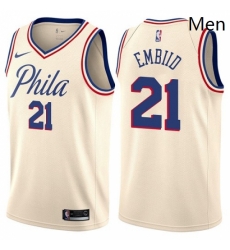 Mens Nike Philadelphia 76ers 21 Joel Embiid Authentic Cream NBA Jersey City Edition