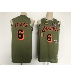 Men Los Angeles Lakers 6 LeBron James Green Military Flight Patchs Stitched Basketball Jersey