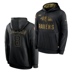 Men Baltimore Ravens 8 Lamar Jackson 2020 Salute To Service Black Sideline Performance Pullover Hoodie