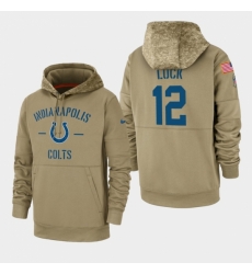 Mens Indianapolis Colts 12 Andrew Luck 2019 Salute to Service Sideline Therma Pullover Hoodie Tan