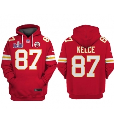 Men Kansas City Chiefs 87 Travis Kelce Red Super Bowl LVIII Patch Pullover Hoodie