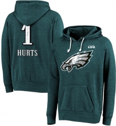 Men Philadelphia Eagles 1 Jalen Hurts Midnight Green Super Bowl LVII Name  26 Number Pullover Hoodie