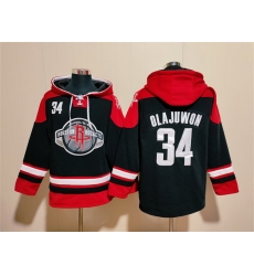 Men Houston Rockets 34 Hakeem Olajuwon Black Red Lace Up Pullover Hoodie