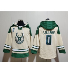 Men Milwaukee Bucks 0 Damian Lillard Cream Lace Up Pullover Hoodie