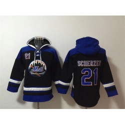 Men New York Mets 21 Max Scherzer Black Blue Ageless Must Have Lace Up Pullover Hoodie