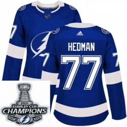 Women Adidas Tampa Bay Lightning 77 Victor Hedman Authentic Royal Blue Home NHL Stitched 2021 Stanley Cup Champions Patch Jersey