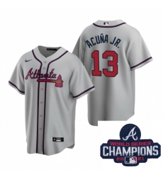 Men Nike Atlanta Braves 13 Ronald Acuna Jr Gray Road Stitched Baseball Stitched MLB 2021 Champions Patch Jersey