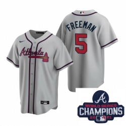 Men Nike Atlanta Braves 5 Freddie Freeman Gray Road Stitched Baseball Stitched MLB 2021 Champions Patch Jersey