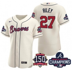 Men's Cream Atlanta Braves #27 Austin Riley Swanson 2021 World Series Champions With 150th Anniversary Flex Base Stitched Jersey