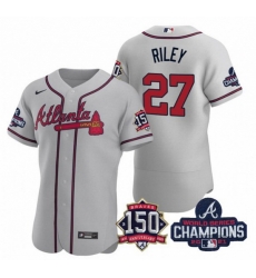 Men's Grey Atlanta Braves #27 Austin Riley Swanson 2021 World Series Champions With 150th Anniversary Flex Base Stitched Jersey