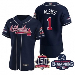 Men's Navy Atlanta Braves #1 Ozzie Albies 2021 World Series Champions With 150th Anniversary Flex Base Stitched Jersey