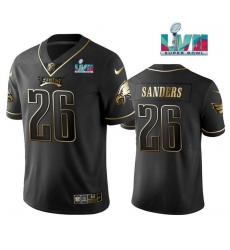 Men Philadelphia Eagles 26 Miles Sanders Black Golden Super Bowl LVII Patch Edition Stitched Football Jersey