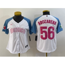 Women Mexico Baseball 56 Randy Arozarena 2023 White Blue World Baseball Classic Stitched Jersey