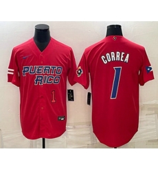 Mens Puerto Rico Baseball #1 Carlos Correa Number 2023 Red World Baseball Classic Stitched Jersey