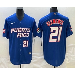 Men's Puerto Rico Baseball #21 Roberto Clemente Number 2023 Blue World Classic Stitched Jerseys