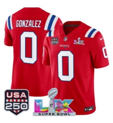Men New England Patriots 0 Christian Gonzalez Red 2025 F U S E  Super Bowl LX Patch And USA 250 27 Patch Vapor Limited Football Stitched Jersey