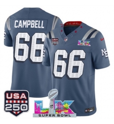 Men New England Patriots 66 Will Campbell Storm Blue 2025 F U S E  Super Bowl LX  USA 250 Patch  Rivalries Vapor Limited Football Stitched Jersey