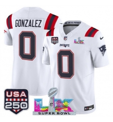 Youth New England Patriots 0 Christian Gonzalez White 2025 F U S E  Super Bowl LX Patch And USA 250 27 Patch Vapor Limited Stitched Football Jersey