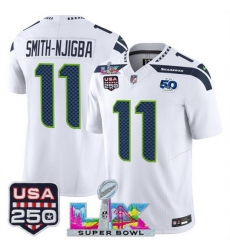 Men Seattle Seahawks 11 Jaxon Smith Njigba White 2025 F U S E  Super Bowl LX Patch And 50th Season  USA 250 Patch Vapor Limited Football Stitched Jersey