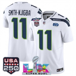 Men Seattle Seahawks 11 Jaxon Smith Njigba White 2025 F U S E  Super Bowl LX Patch And 50th Season  USA 250 Patch Vapor Limited Football Stitched Jersey