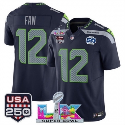 Men Seattle Seahawks 12 Fan Navy 2025 F U S E  Super Bowl LX Patch And 50th Season Patch Vapor Limited Stitched Football Jersey
