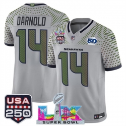 Men Seattle Seahawks 14 Sam Darnold Gray 2025 F U S E Super Bowl LX  US 250th anniversary Patch And 50th Season Patch Rivalries Vapor Limited Football Stit